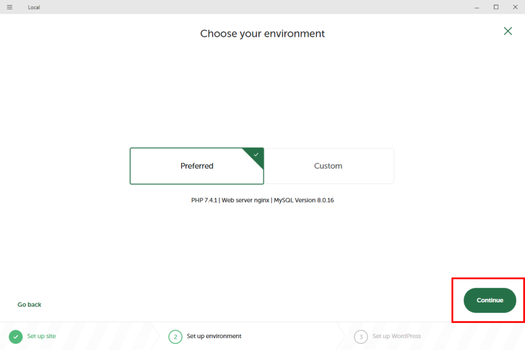 Localの開発環境を選択