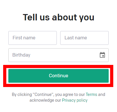 ChatGPTの名前と生年月日入力
